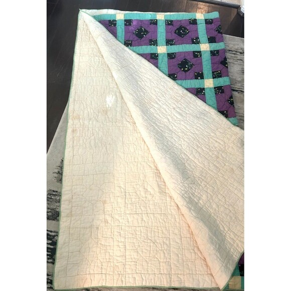 Antique Hand Stitched Square Patchwork Lattice Quilt Cream Backing 64W X 74L Rck - Picture 10 of 12